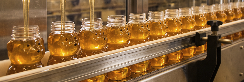 honey production line with plastic bear jars