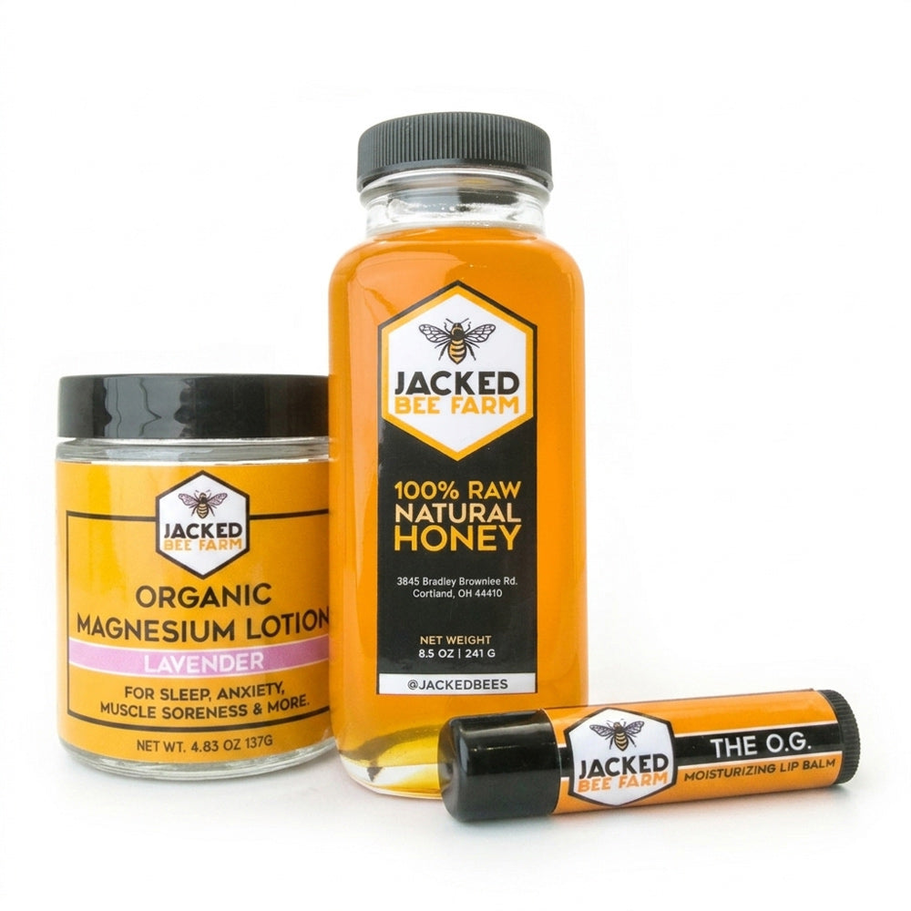 organic magnesium lotion, raw honey and lip balm
